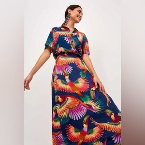 Farm Rio Navy Colorful Toucans Maxi Skirt